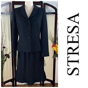 Stresa 2-piece black with cream micro-dots jacket and skirt suit set.